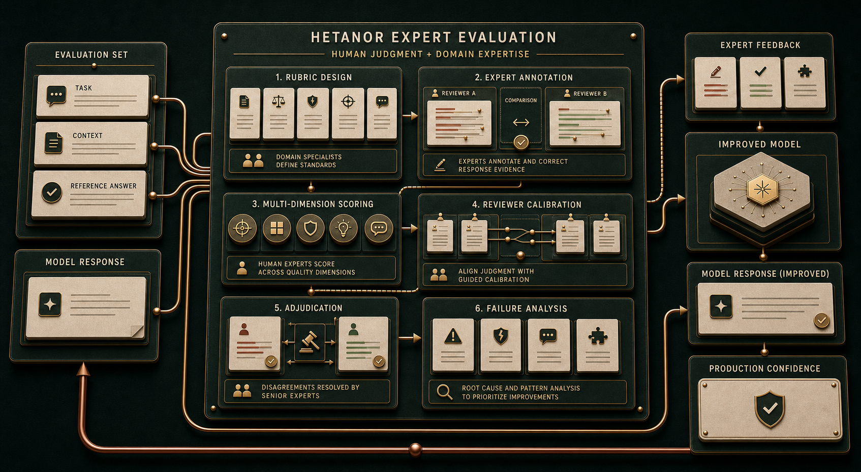 Hetanor expert evaluation workflow from evaluation set and model response through rubric design, expert annotation, scoring, calibration, adjudication, failure analysis, expert feedback, improved response, and production confidence.
